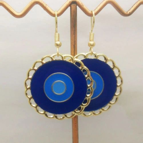 Pair of Bohemia Gold Plated Blue Enamel Circle Dangle Earrings (Pierced)