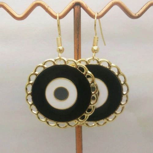 Pair of Bohemia Gold Plated Black Enamel Circle Dangle Earrings (Pierced)