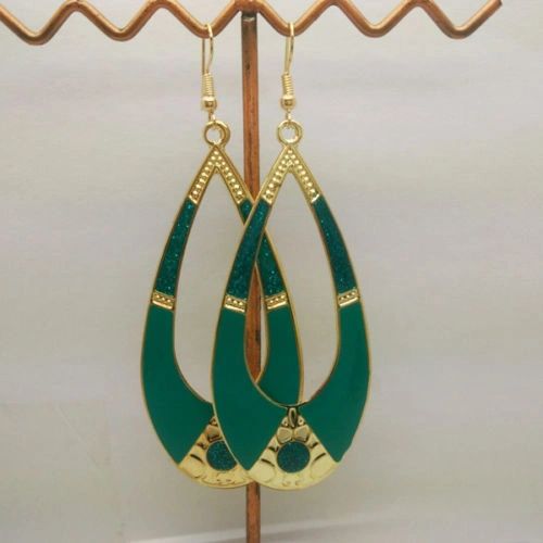 Pair of Bohemia Gold Plated Green Enamel Drop Dangle Earrings (Pierced)