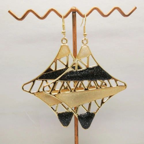 Pair of Bohemia Gold Plated Black Enamel Star Dangle Earrings (Pierced)