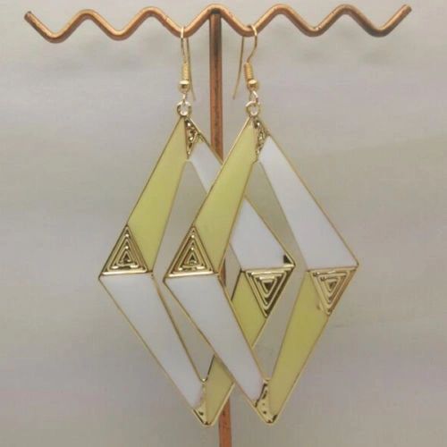 Pair of Bohemia Gold Plated Yellow Enamel Angular Dangle Earrings (Pierced)