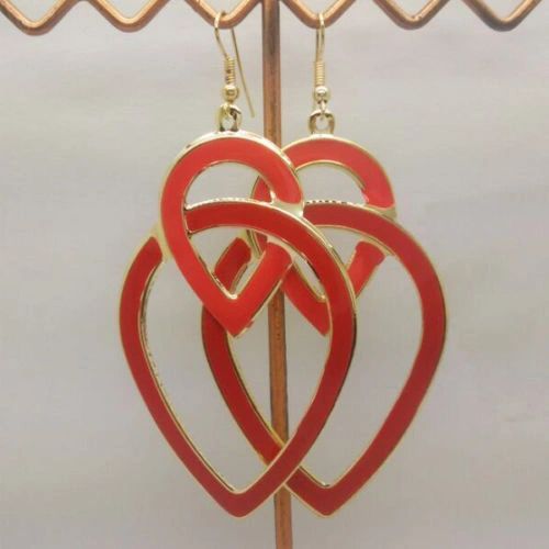 Pair of Bohemia Gold Plated Orange Enamel Double Heart Dangle Earrings (Pierced)