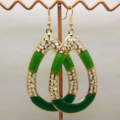 Pair of Bohemia Gold Plated Green Enamel Drop Dangle Earrings (Pierced)