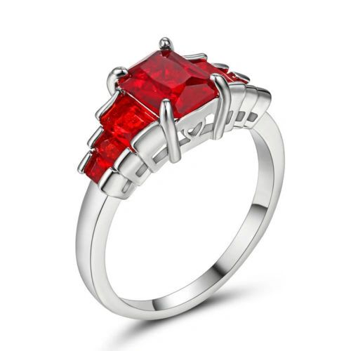 10kt White Gold Filled Bright Red Octagon Cubic Zirconia Ring Size 6.5