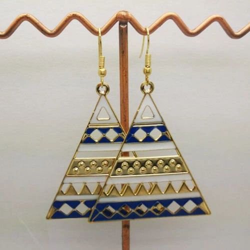 Pair of Large Bohemia Gold Plated Blue Enamel Dangle Earrings (Pierced)