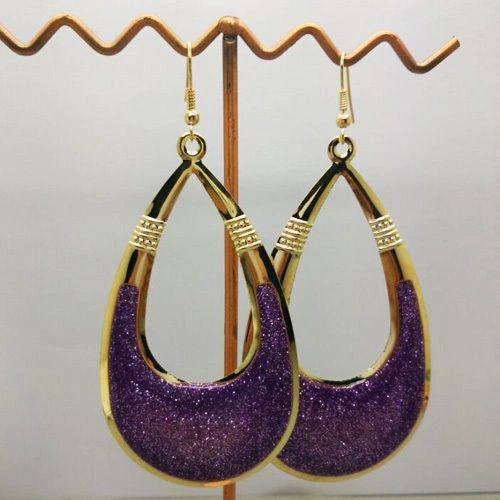 Pair of Large Bohemia Gold Plated Purple Enamel Dangle Earrings (Pierced)
