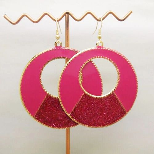 Pair of Bohemia Gold Plated Rose Pink Enamel Big Circle Dangle Earrings (Pierced)