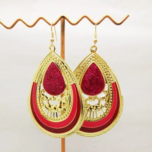 Pair of Large Bohemia Gold Plated Rose Pink Enamel Drop Dangle Earrings (Pierced)