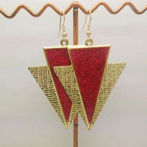 Pair of Bohemia Gold Plated Red Enamel Triangle Dangle Earrings (Pierced)