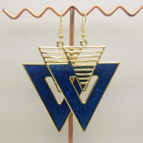 Pair of Bohemia Gold Plated Blue Green Enamel Triangle Dangle Earrings (Pierced)