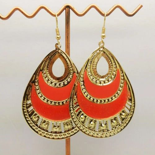 Pair of Bohemia Gold Plated Orange Enamel Drop Dangle Earrings (Pierced)