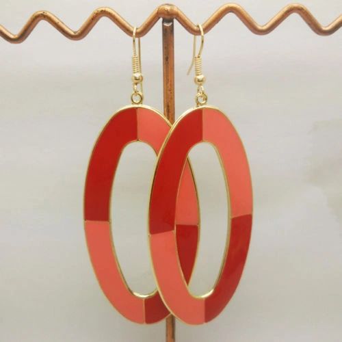 Pair of Bohemia Gold Plated Rose and Red Enamel Circular Dangle Earrings (Pierced)