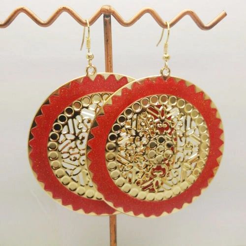 Pair of Bohemia Gold Plated Rose Enamel Circular Dangle Earrings (Pierced)