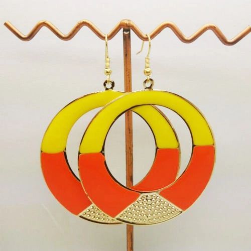 Pair of Bohemia Gold Plated Yellow & Orange Enamel Big Circle Dangle Earrings (Pierced)