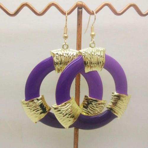 Pair of Bohemia Gold Plated Purple Enamel Circle Dangle Earrings (Pierced)
