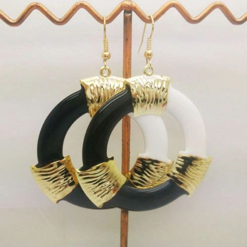 Pair of Bohemia Gold Plated Black Enamel Circle Dangle Earrings (Pierced)