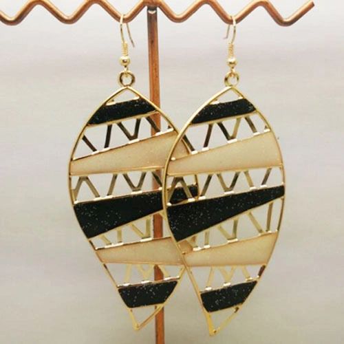 Pair of Bohemia Gold Plated Black and Gold Enamel Leaf Dangle Earrings (Pierced)