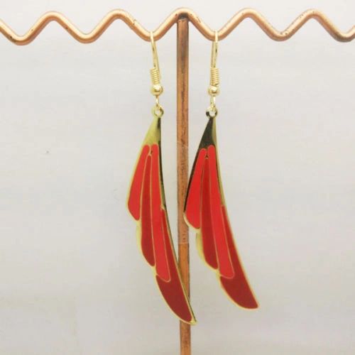 Pair of Bohemia Gold Plated Red and Rose Enamel Feather Dangle Earrings (Pierced)