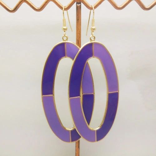Pair of Bohemia Gold Plated Purple Enamel Circle Dangle Earrings (Pierced)