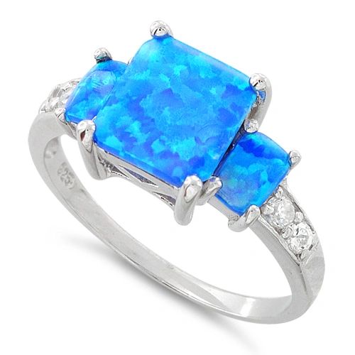 Sterling Silver White or Blue Lab Created Opal Square Ring Size 4-12