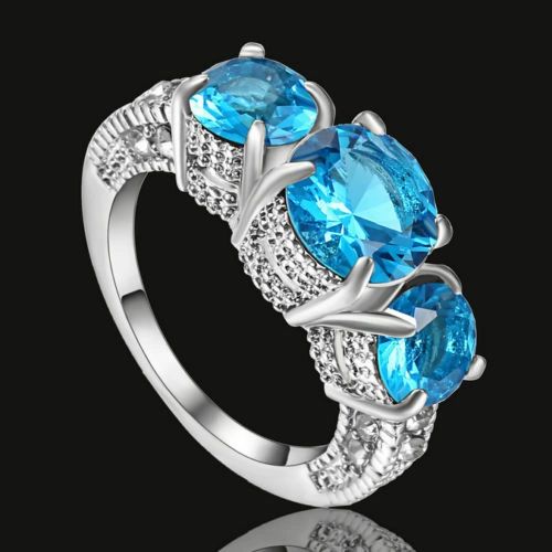 10kt White or Yellow Gold Filled Bright Aquamarine Cubic Zirconia Filigree Three Stone Ring Size 9