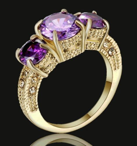 10kt White, Yellow or Black Gold Filled Bright Amethyst Purple Cubic Zirconia Filigree Three Stone Ring Size 8