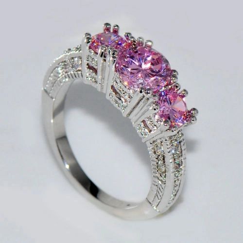 10kt White, Yellow or Black Gold Filled Bright Pink Cubic Zirconia Filigree Three Stone Ring Size 9