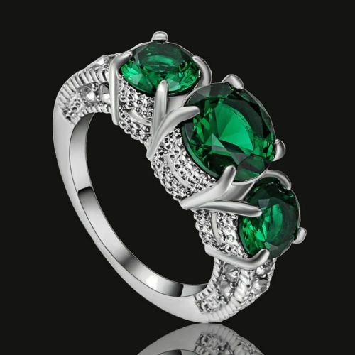 10kt White, Yellow or Black Gold Filled Bright Emerald Green Cubic Zirconia Filigree Three Stone Ring Size 6