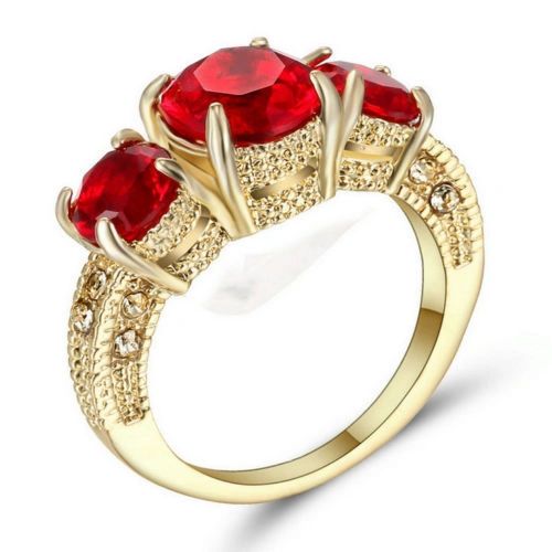 10kt White, Yellow or Black Gold Filled Bright Ruby Red Cubic Zirconia Ring Filigree Three Stone Size 6