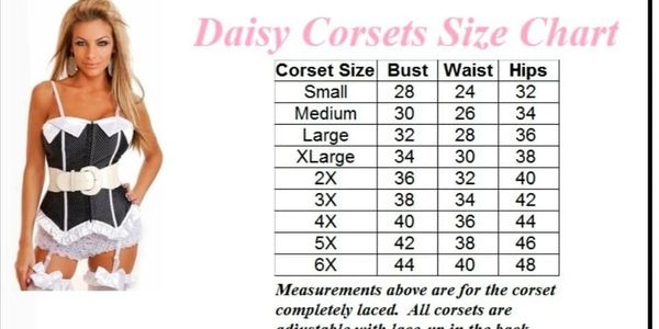 Thighz Unlimited Corsets size chart.