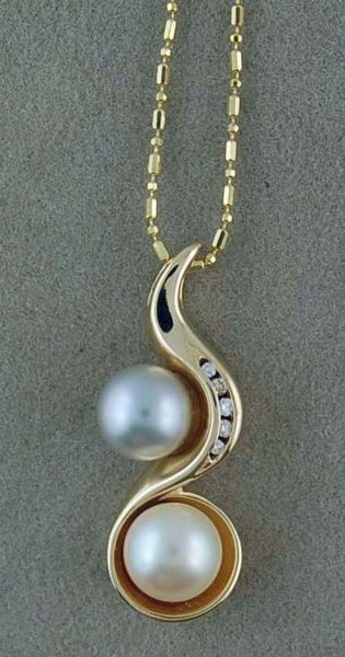 2 Pearl 5 Diamond Pendant On Chain