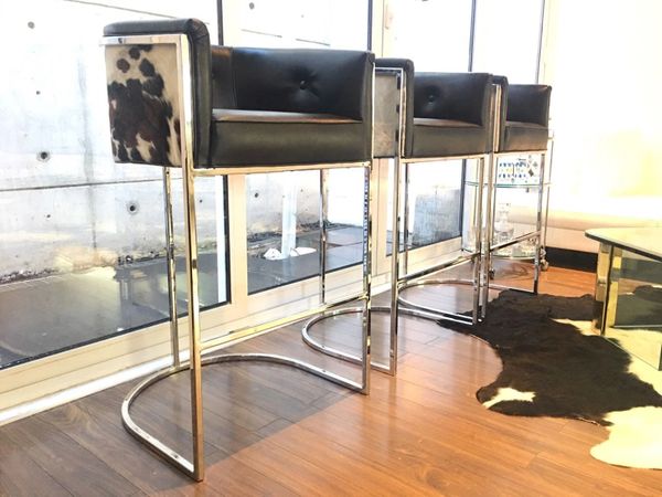 Cowhide Barstool Chrome Bar stool Natural Cowhide Counter Stool Tufted Leather Bar stool Barrel Back Bar stool