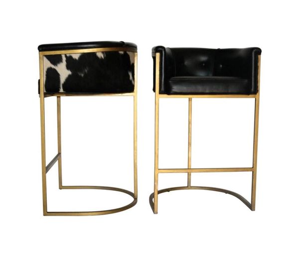 Calvin Leather Bar Stool Cowhide Barstool Polished Brass