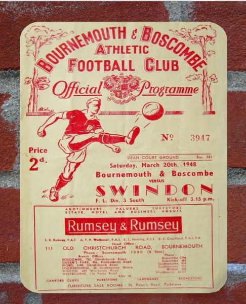 Bournemouth 1948 Programme Cover Tin Plate