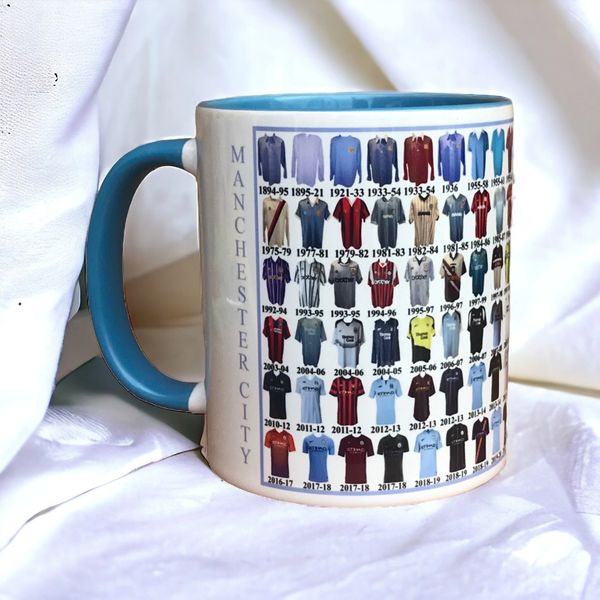 Manchester City Shirt History Mug with Blue Handle and Interior