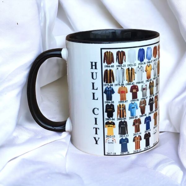 Hull City Shirt History Mug with Black Handle and Interior