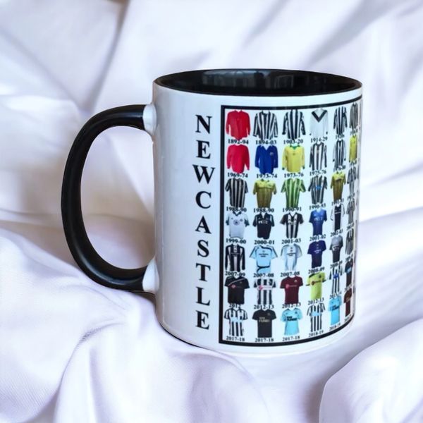 Newcastle United Shirt History Mug with Black Handle and Interior