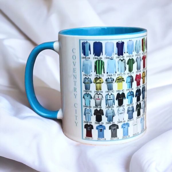 Coventry Shirt History Mug with Blue Handle and Interior