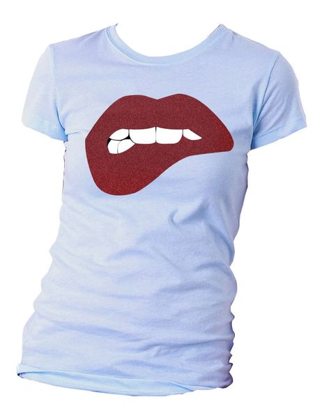 Crew Neck T-Shirt with Glitter Textile Sexy Lip Bite Design