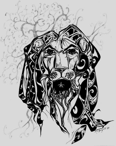 Black and white ink sketch of a lion's head