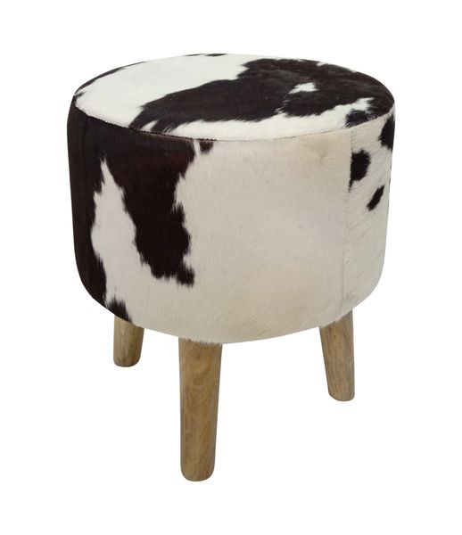 Black and White Cowhide Stool with Wooden Legs