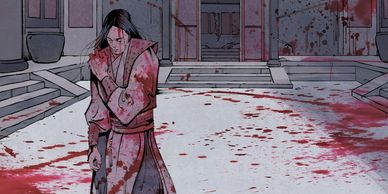 Interior art from Righteous Blood Ruthless Blades featuring a blood-stained martial artist walking a