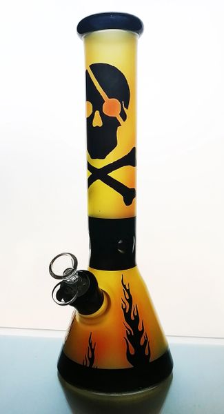 GG206 - 14" Glass Water Pipe With Pirate And Flames Decals 7mm Thick