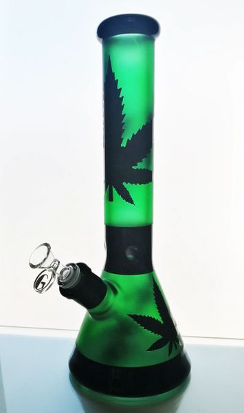 GG208 - 14" Glass Water Pipe With Pot Leaf Decals 7mm Thick