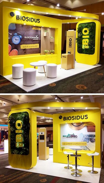 Alquiler de Stand Bio Ecologico en Bogota, Stand amarillo con plantas ecologicas.