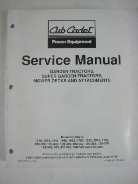Cub Cadet Power Equipment Service Manual Garden Tractors Mower De