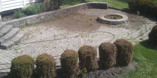 Dirty and mossy paver patio