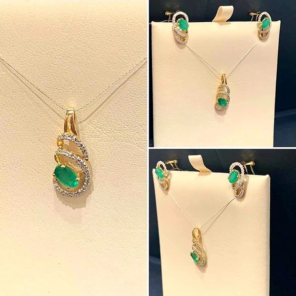 14 KT Y/G GENUINE EMERALD & DIAMOND NECKLACE & MATCHING EARRINGS