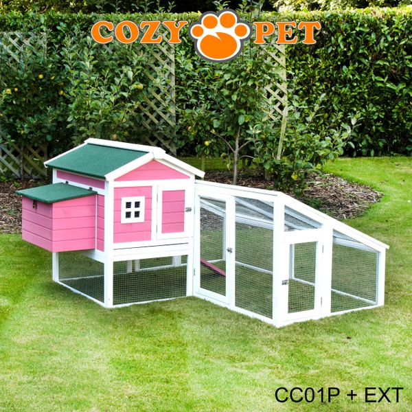 Chicken Coop With Extended Run By Cozy Pet In Exclusive Pink And White Cc01p Ext01