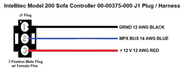 Intellitec Sofa Controller, Model 200, 00-00375-000 J1 Plug / Harness